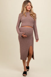 Taupe Textured Knit Long Sleeve Top and Skirt Maternity Set