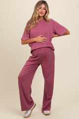 Mauve Textured Knit Oversized Tee And Pants Maternity Set