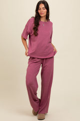 Mauve Textured Knit Oversized Tee And Pants Maternity Set