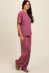 Mauve Textured Knit Oversized Tee And Pants Set