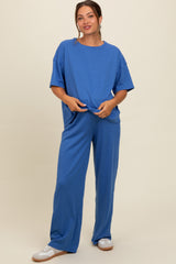 Blue Textured Knit Oversized Tee And Pants Maternity Set