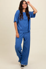 Blue Textured Knit Oversized Tee And Pants Set