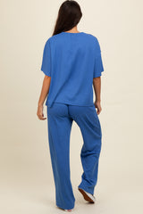 Blue Textured Knit Oversized Tee And Pants Set