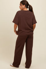 Brown Textured Knit Oversized Tee And Pants Maternity Set