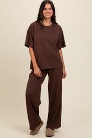 Brown Textured Knit Oversized Tee And Pants Set