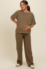 Olive Textured Knit Oversized Tee And Pants Maternity Set