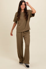 Olive Textured Knit Oversized Tee And Pants Set