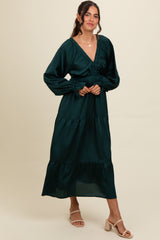 Forest Green Satin V-Neck Tiered Maxi Dress