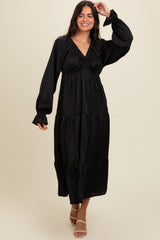 Black Satin V-Neck Tiered Maternity Maxi Dress