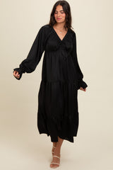 Black Satin V-Neck Tiered Maxi Dress