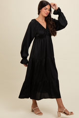 Black Satin V-Neck Tiered Maxi Dress