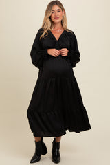 Black Satin V-Neck Tiered Maternity Maxi Dress