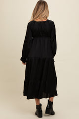 Black Satin V-Neck Tiered Maternity Maxi Dress