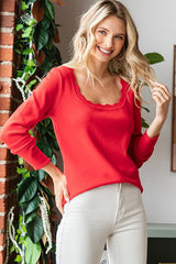 Red Scallop Hem Square Neck Sweater