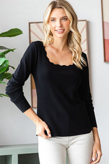 Black Scallop Hem Square Neck Sweater