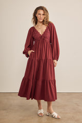 Burgundy Contrast Lace Bodice Tiered Maternity Midi Dress