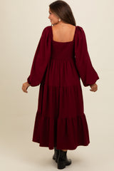 Burgundy Contrast Lace Bodice Tiered Maternity Midi Dress