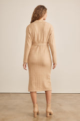 Beige Ribbed Sweater Collared Midi Dress