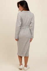 Heather Grey Ribbed Sweater Collared Midi Dress