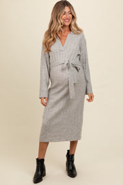 Heather Grey Ribbed Sweater Collared Maternity Midi Dress