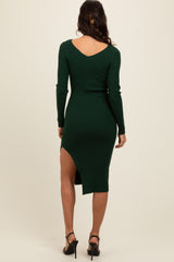 Forest Green Ribbed Knit Side Slit Midi Dress