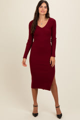 Burgundy Ribbed Knit Side Slit Maternity Midi Dress