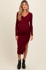 Burgundy Ribbed Knit Side Slit Maternity Midi Dress