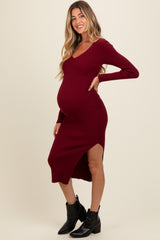 Burgundy Ribbed Knit Side Slit Maternity Midi Dress