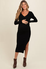 Black Ribbed Knit Side Slit Maternity Midi Dress