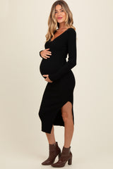 Black Ribbed Knit Side Slit Maternity Midi Dress