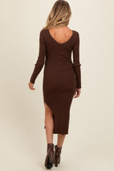 Brown Ribbed Knit Side Slit Maternity Midi Dress