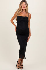 Black Dot Print Fitted Ruched Maternity Maxi Dress