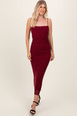 Burgundy Rhinestone Fitted Ruched Maxi Dress