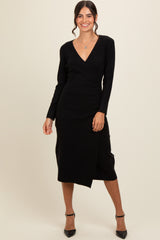 Black Knit Crossover Ruched Midi Dress