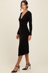 Black Knit Crossover Ruched Midi Dress