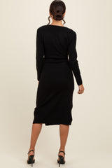 Black Knit Crossover Ruched Midi Dress