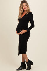 Black Knit Crossover Ruched Maternity Midi Dress