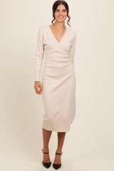 Cream Knit Crossover Ruched Midi Dress