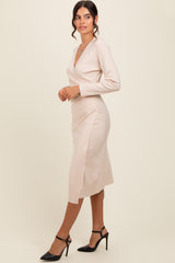 Cream Knit Crossover Ruched Midi Dress