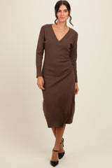 Brown Knit Crossover Ruched Midi Dress