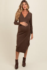 Brown Knit Crossover Ruched Maternity Midi Dress