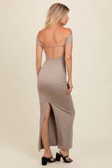 Beige Strapless Low Back Maxi Dress