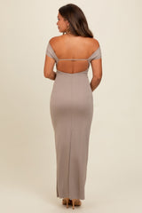 Beige Strapless Low Back Maternity Maxi Dress