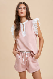 Light Pink Ruffle Sleeve Knit Top And Shorts