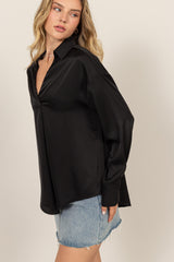 Black Collared V-Neck Satin Blouse