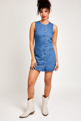 Denim Round Neck Sleeveless Button Front Denim Dress