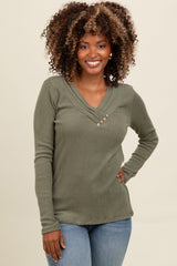 Light Olive V-Neck Long Sleeve Top