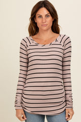 Beige Striped Ruched Side Long Sleeve Top