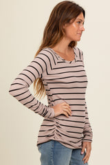 Beige Striped Ruched Side Long Sleeve Top