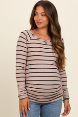 Beige Striped Ruched Side Maternity Long Sleeve Top